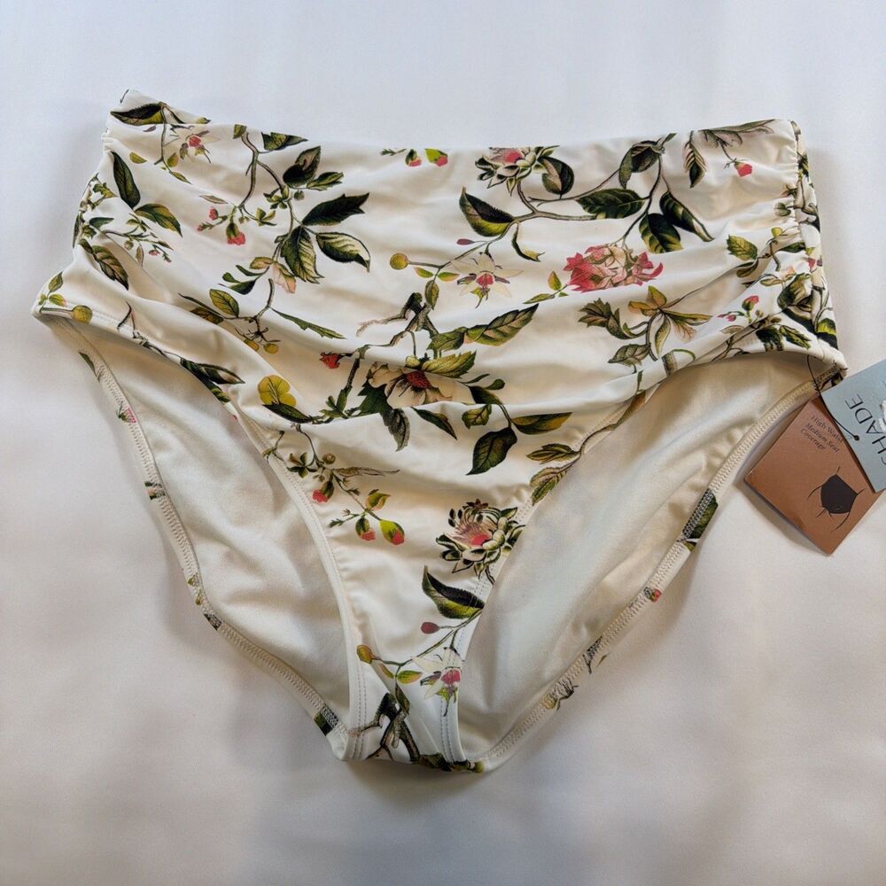 NWT Shade & Shore XL Bikini Bottom Floral Cream Green High Waist Bathing Suit